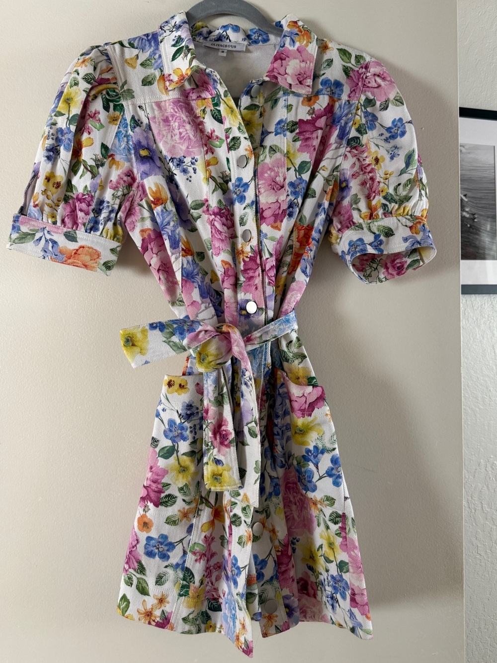 Olivaceous White Floral Belted Shirt Dress with Pink, Yellow & Blue Blooms